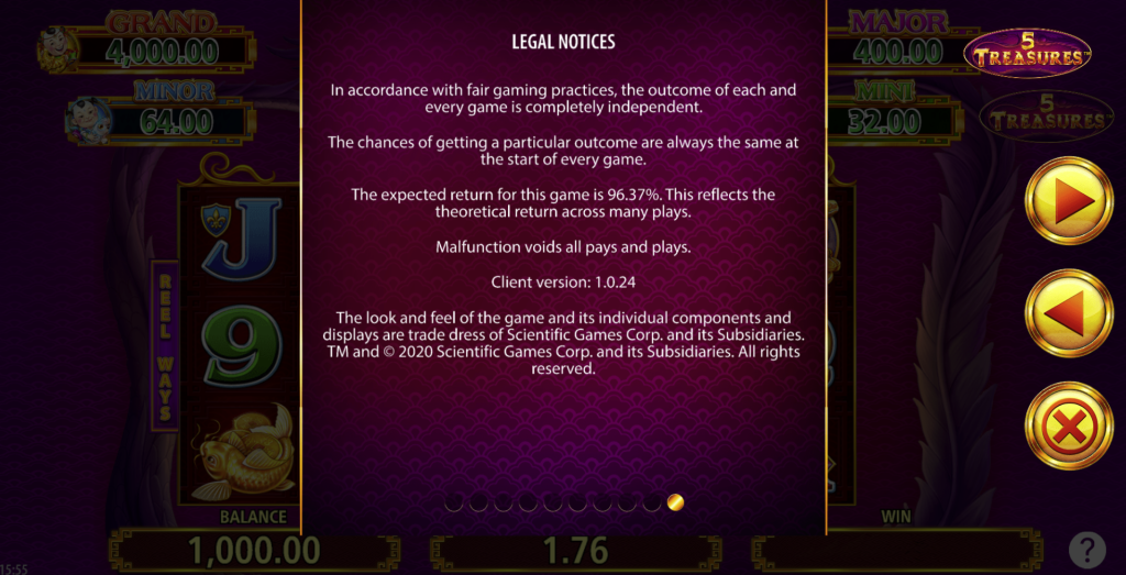 5 Treasures slot payback information online